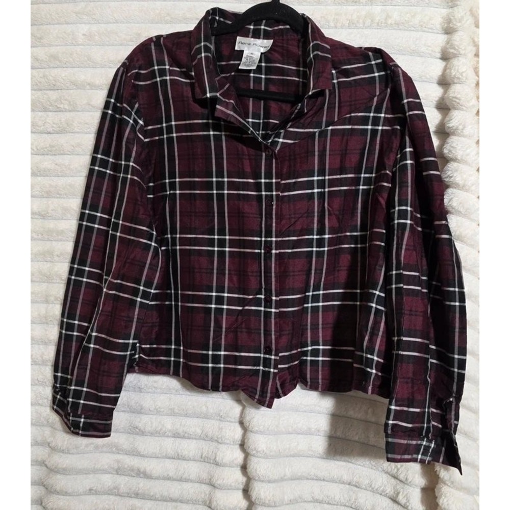 Rena Rowan Womens Size 16 Cropped 100% Silk Plaid Shirt Burgundy Black White